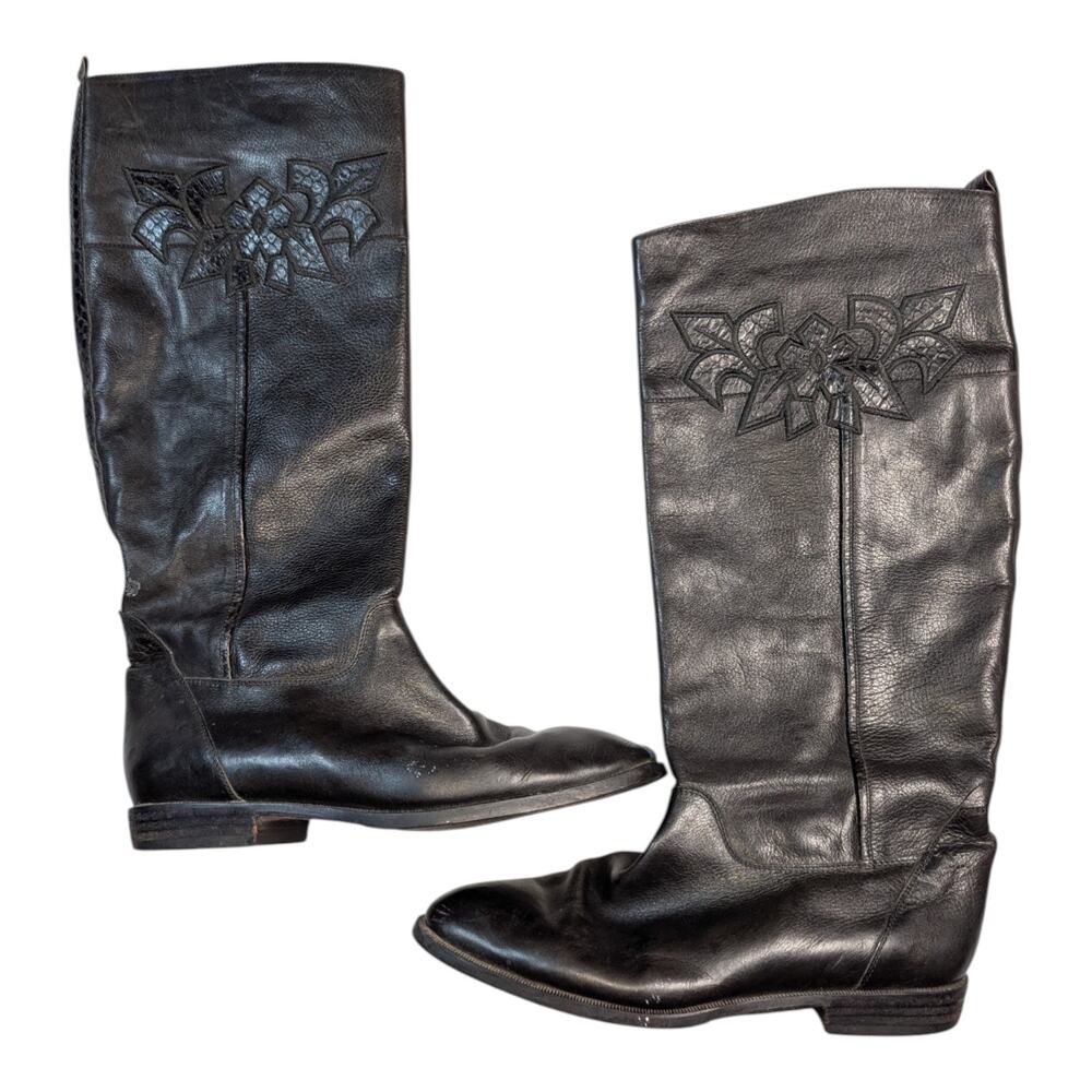 Vtg 1980s Carlo Selena Black Leather Floral Embroidered Pointed Toe Boots 42 11